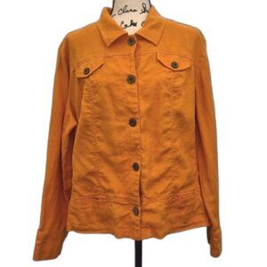 Chico's Linen Jacket Blazer Shacket Sz 3 or XL Orange Button Down Wood Buttons
